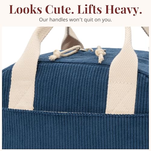 LOVELYWIND Insulated Navy Blue Lunch Bag for Women, Stylish Corduroy Tote with Aluminum Lining, Large Capacity Reusable Cooler for Work, Travel, or Beach, Beige Cream Water-Resistant Lunch Box - Image 5