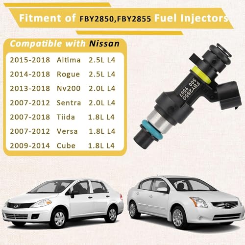 Pjvmvo FBY2850 Fuel Injectors,Compatible with/Nissan 2.5L Altima Rogue 2015 2016 2017 2018 |2.0L Nv200 Sentra | |1.8L Tiida Versa Cube 2007 2008 2009 2010 2011 2012 2013 2014 | |18 Holes| |Set of 4| - Image 2