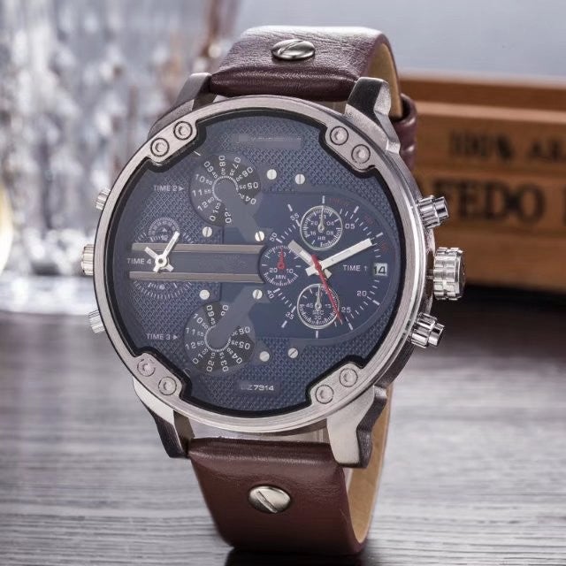 Trendy Large Dial Dual-Time Mens Sports Watch 7314 belt