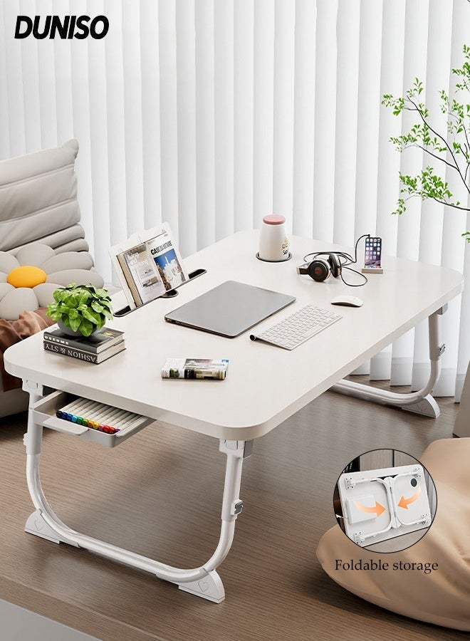 DUNISO Laptop Desk for Bed Height Adjustable, Lap Bed Table with Storage Drawer, Cup Holder and Tablet Stand Book Shelf, Foldable Breakfast Tray Portable for Reading Writing,White - Image 1
