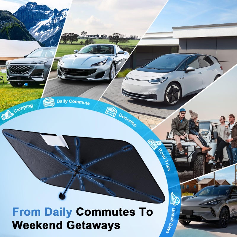 PEMOTech 2026 Upgraded Versatile Car Umbrella Windshield Sun Shade for Sedan/SUV | Keep Cool & Protect Interior | Reliable UV Blocker&Heat Shield | Foldable Sun Blocker | Large (57"x32") - Image 4