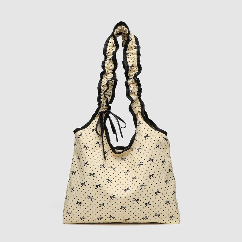 Korean Niche Bow Polka Dot Canvas Bag Sweet Girl Drawstring Pleated Handbag Student Commuter Shoulder Bag - Image 1