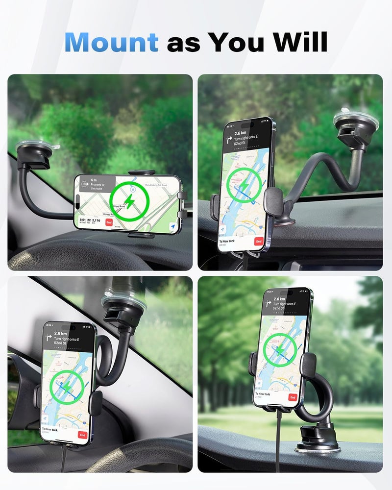 1Zero Solid Car Truck Phone Mount Wireless Charger Holder with 14-Inch Gooseneck Long Arm for iPhone 15 Pro Max Plus 14 13 12 11 XS X Samsung S24 Ultra S23 S22 S22 S21 S20 Pixel 9 Pro XL 8 7 6 5 4 - Image 5