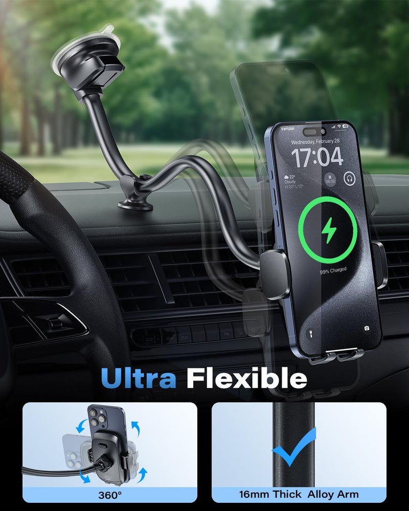 1Zero Solid Car Truck Phone Mount Wireless Charger Holder with 14-Inch Gooseneck Long Arm for iPhone 15 Pro Max Plus 14 13 12 11 XS X Samsung S24 Ultra S23 S22 S22 S21 S20 Pixel 9 Pro XL 8 7 6 5 4 - Image 4