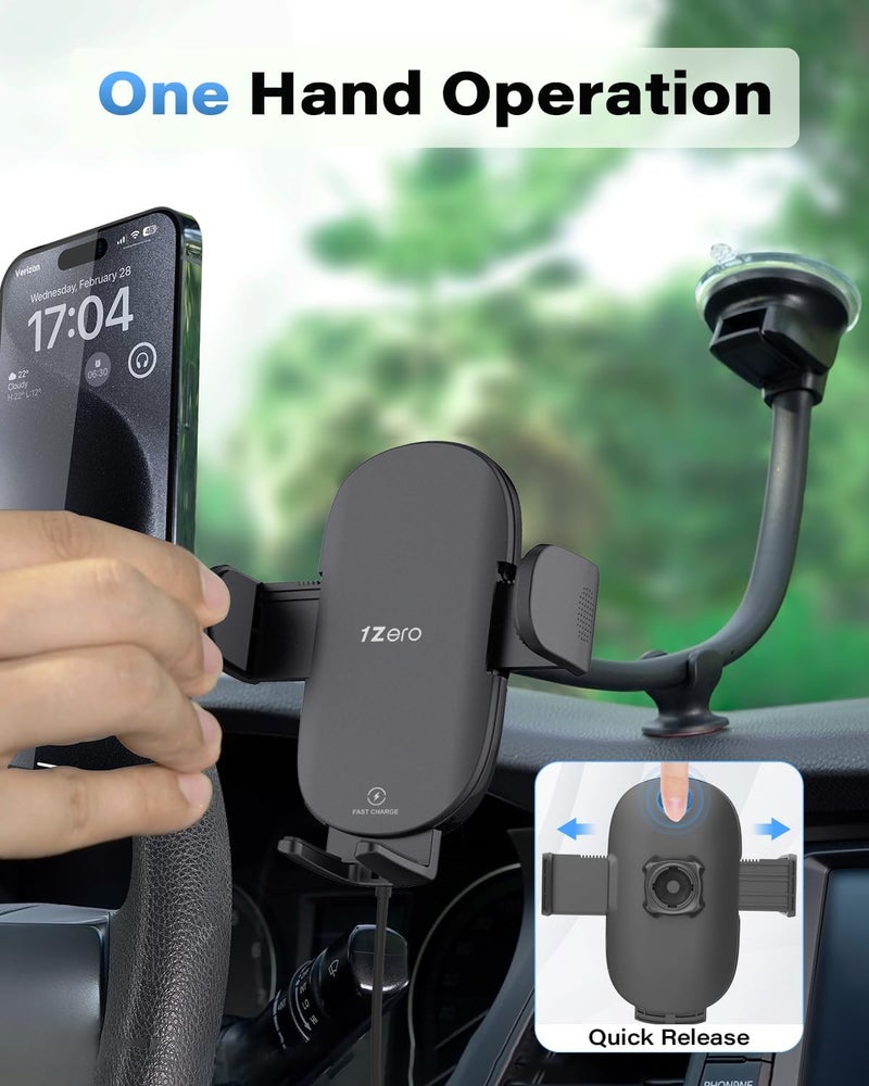 1Zero Solid Car Truck Phone Mount Wireless Charger Holder with 14-Inch Gooseneck Long Arm for iPhone 15 Pro Max Plus 14 13 12 11 XS X Samsung S24 Ultra S23 S22 S22 S21 S20 Pixel 9 Pro XL 8 7 6 5 4 - Image 3