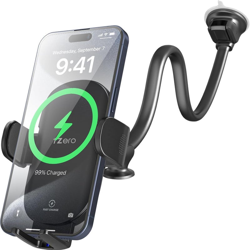 1Zero Solid Car Truck Phone Mount Wireless Charger Holder with 14-Inch Gooseneck Long Arm for iPhone 15 Pro Max Plus 14 13 12 11 XS X Samsung S24 Ultra S23 S22 S22 S21 S20 Pixel 9 Pro XL 8 7 6 5 4 - Image 1