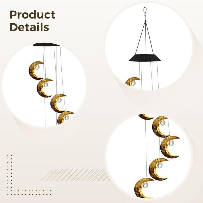 جرس رياح شمسي وقمري مزود بمصابيح LED بيضاء دافئة، تصميم مجوف، أبعاد 5.1 × 29.5 بوصة، زينة خارجية للأرصفة والحدائق والمخيمات - Image 1