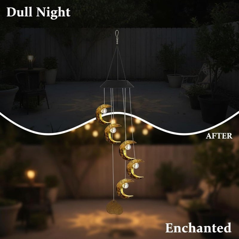 جرس رياح شمسي وقمري مزود بمصابيح LED بيضاء دافئة، تصميم مجوف، أبعاد 5.1 × 29.5 بوصة، زينة خارجية للأرصفة والحدائق والمخيمات - Image 4