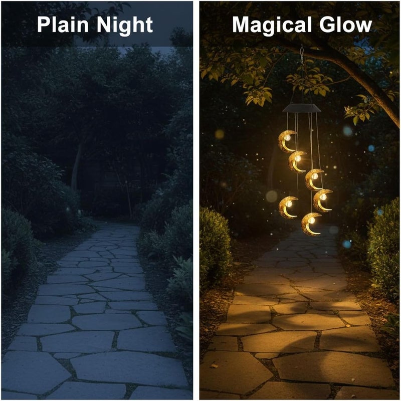 جرس رياح شمسي وقمري مزود بمصابيح LED بيضاء دافئة، تصميم مجوف، أبعاد 5.1 × 29.5 بوصة، زينة خارجية للأرصفة والحدائق والمخيمات - Image 3