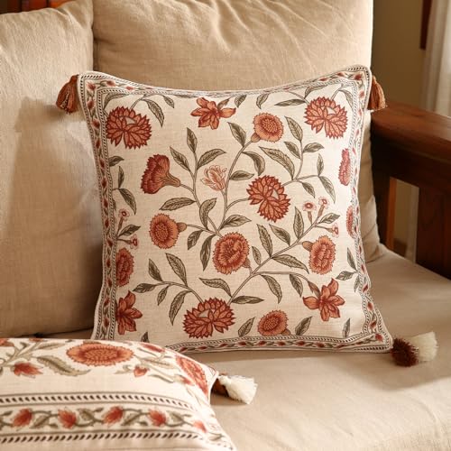 ISAENNE Design Linen Square Vintage Throw Pillow Covers 18x18 Brick Red Cushion Covers with Orange Floral Green Leaves Pattern Decoration Pillowcases for BedLiving RoomOutdoorCar - Image 3