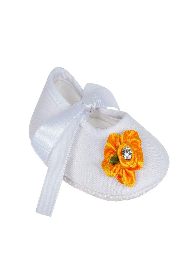Rsmart Cotton White Booties Shoes with Yellow Flower Applique and Ribbon Closure for Baby Girl & Boy (White, 6_months) - Image 2