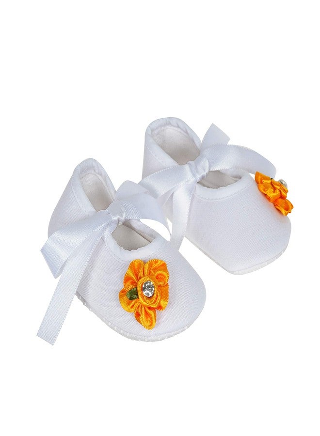 Rsmart Cotton White Booties Shoes with Yellow Flower Applique and Ribbon Closure for Baby Girl & Boy (White, 6_months) - Image 1
