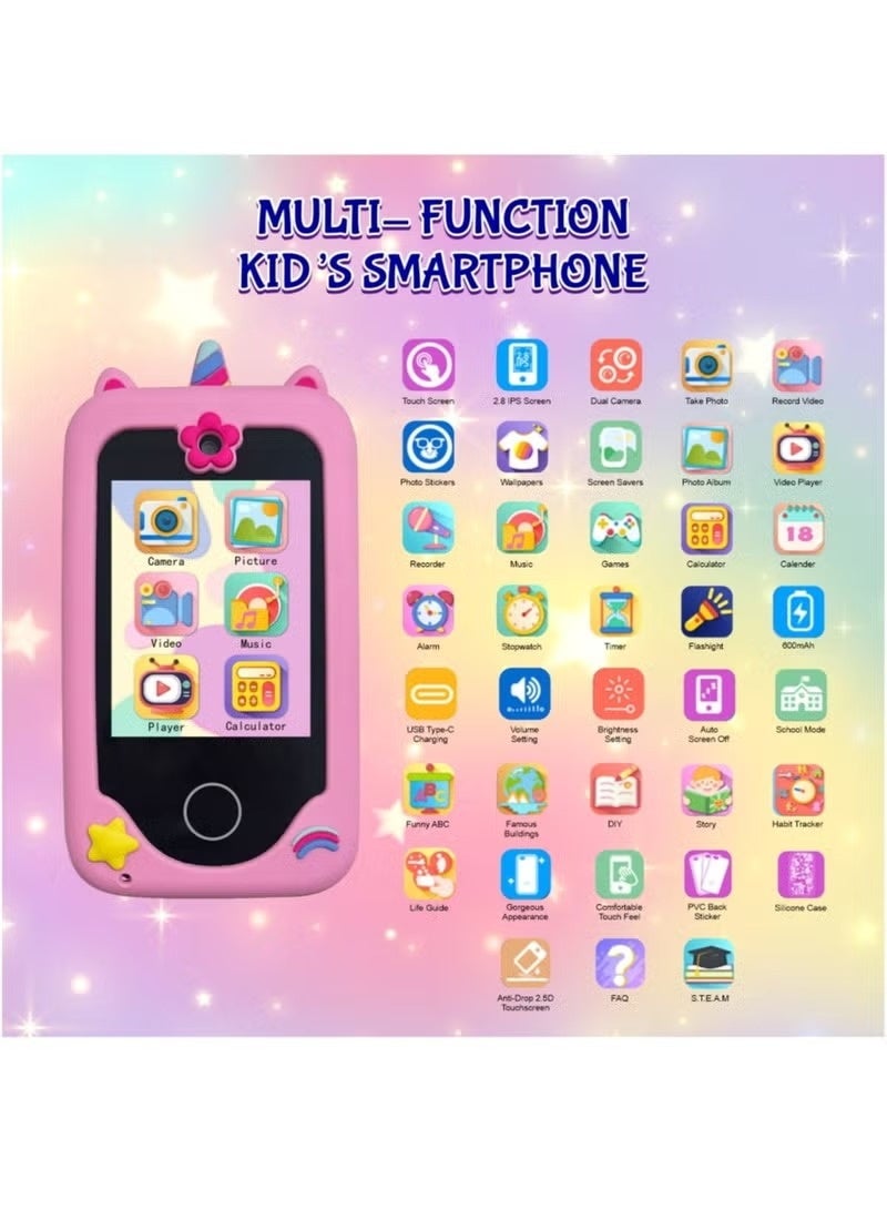 KORAX Kids Smart Phone Toys for Girls Ages 3-8 Toddler Play Travel Toys with Dual Camera Educational Learning Games Puzzles MP3 Music Player Birthday Gifts for Kids Girls 3 4 5 6 7 8 Year Old With 8G Card (Pink) - Image 2