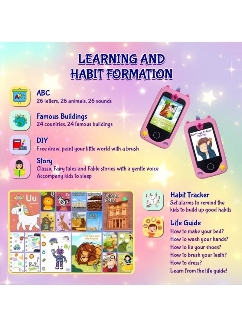 KORAX Kids Smart Phone Toys for Girls Ages 3-8 Toddler Play Travel Toys with Dual Camera Educational Learning Games Puzzles MP3 Music Player Birthday Gifts for Kids Girls 3 4 5 6 7 8 Year Old With 8G Card (Pink) - Image 4