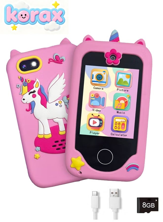 KORAX Kids Smart Phone Toys for Girls Ages 3-8 Toddler Play Travel Toys with Dual Camera Educational Learning Games Puzzles MP3 Music Player Birthday Gifts for Kids Girls 3 4 5 6 7 8 Year Old With 8G Card (Pink) - Image 1
