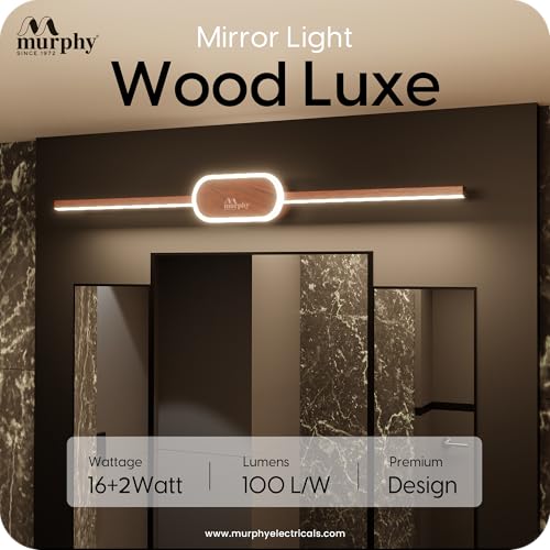 Murphy 16W+2W LED Mirror Light | 3 Color Changing (White/Warm/Natural) | Wooden Finish, Modern Over Mirror Bathroom/Dressing Table Light | Pack of 1 | 2-Year Warranty - Image 2