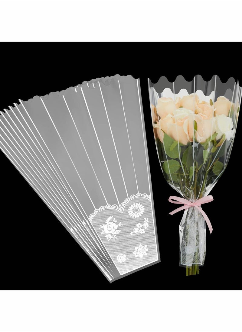 Flower Bouquet Bag Plastic Wrapping Bags Clear Floral Bouquet Sleeve with Strip and Lace Decor Disposable Cellophane Sleeves Transparent Flower Bouquet Packaging Bags for Wedding, Birthday 100 Pieces