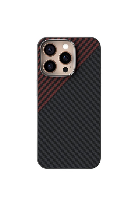 Premium Matte Carbon Fiber Texture Magnetic Phone Case for iPhone 15 Pro Max Wireless Charging Shockproof Back Cover - Black/Red