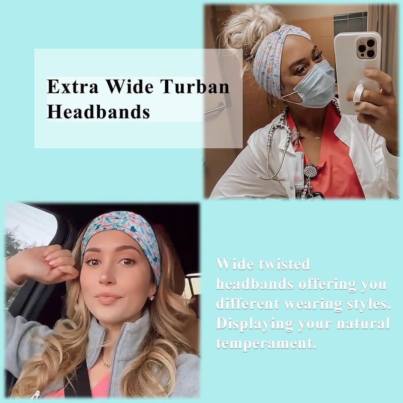 Tobeffect Extra Wide Turban Headbands for Women, 7'' Large Wide Headband for Nursing Cute Printed Nurse Head Bands Twisted Knotted Hairbands Non Slip Cloth Headbands for Women Hair Accessories 6 Pack - Image 5
