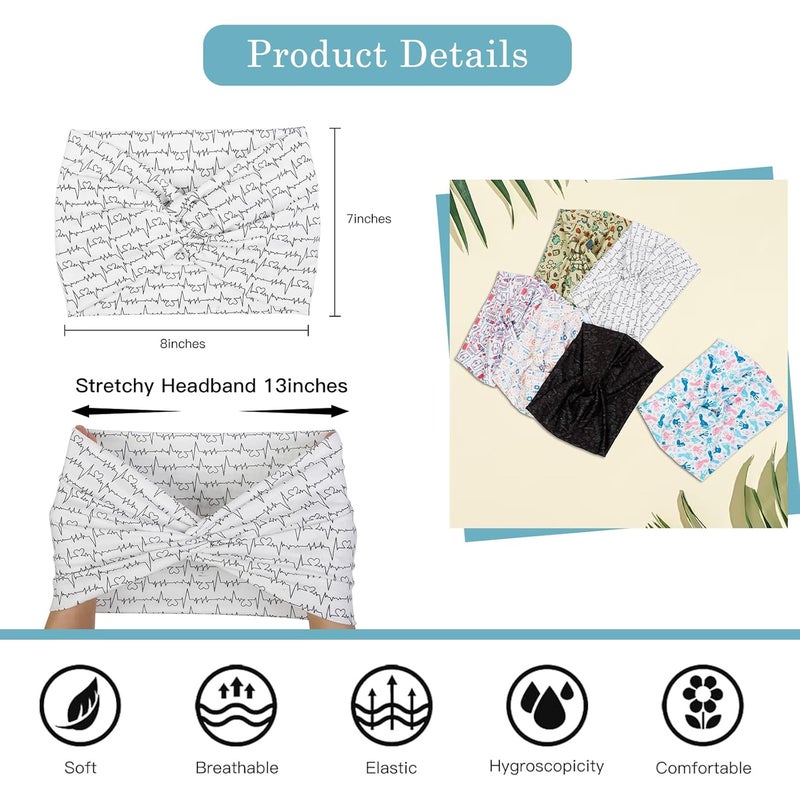 Tobeffect Extra Wide Turban Headbands for Women, 7'' Large Wide Headband for Nursing Cute Printed Nurse Head Bands Twisted Knotted Hairbands Non Slip Cloth Headbands for Women Hair Accessories 6 Pack - Image 3