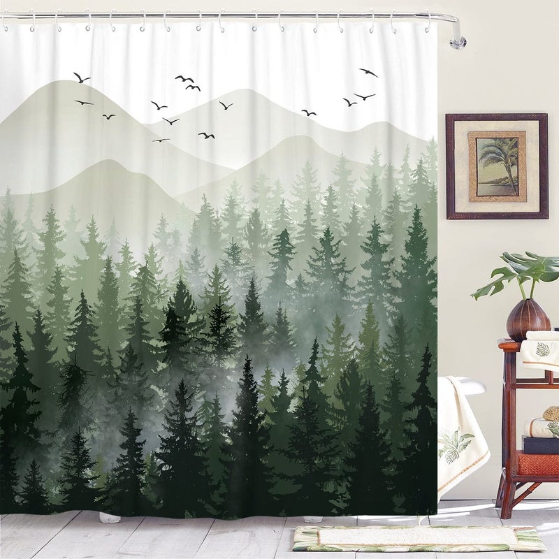 Accnicc Extra Long Green Misty Forest Shower Curtain Set Ombre Sage Green White Waterproof Fabric Shower Curtains Nature Tree Mountain Woodland Decorative Bathroom Bath Curtain (Green  72'' - Image 2
