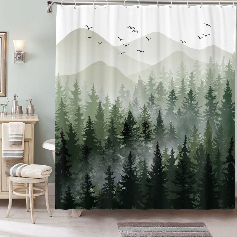 Accnicc Extra Long Green Misty Forest Shower Curtain Set Ombre Sage Green White Waterproof Fabric Shower Curtains Nature Tree Mountain Woodland Decorative Bathroom Bath Curtain (Green  72'' - Image 3