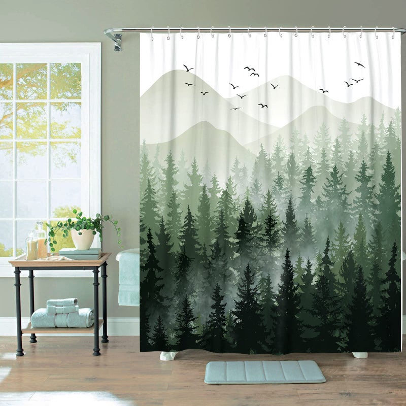 Accnicc Extra Long Green Misty Forest Shower Curtain Set Ombre Sage Green White Waterproof Fabric Shower Curtains Nature Tree Mountain Woodland Decorative Bathroom Bath Curtain (Green  72'' - Image 4