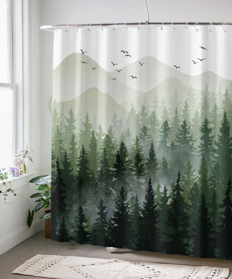Accnicc Extra Long Green Misty Forest Shower Curtain Set Ombre Sage Green White Waterproof Fabric Shower Curtains Nature Tree Mountain Woodland Decorative Bathroom Bath Curtain (Green  72'' - Image 5