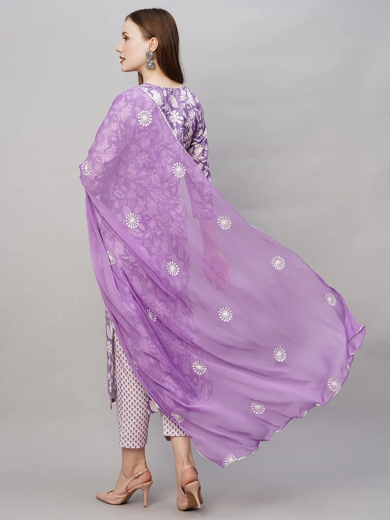 GoSriKi مزيج قطن نسائي كرتا مستقيمة مزهرة مع بنطال ودوباتا بنفسجي