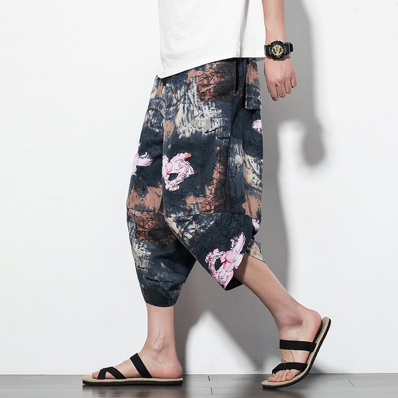 1 x 5 pcs Chinese Style Mens Summer New Loose Fit Casual Bloomers Trendy Printed Harem Bell Bottoms Beach Apparel Lotus  - Image 1