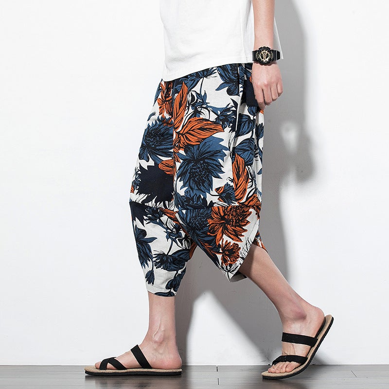 1 x 5 pcs Chinese Style Mens Summer New Loose Fit Casual Bloomers Trendy Printed Harem Bell Bottoms Beach Apparel Lotus  - Image 2