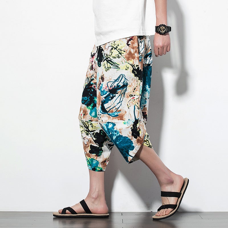 1 x 5 pcs Chinese Style Mens Summer New Loose Fit Casual Bloomers Trendy Printed Harem Bell Bottoms Beach Apparel Lotus  - Image 3