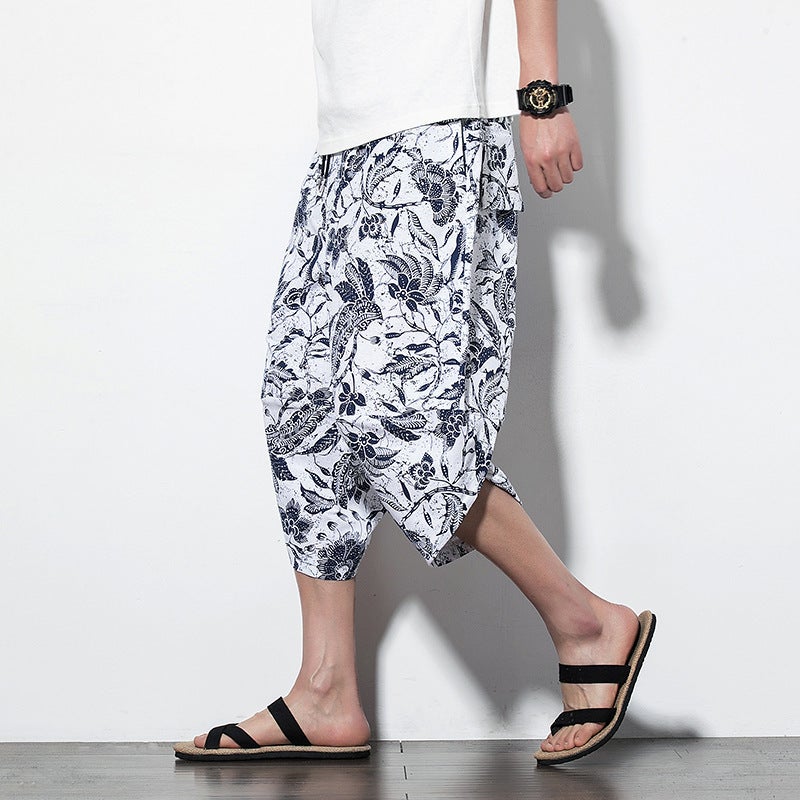 1 x 5 pcs Chinese Style Mens Summer New Loose Fit Casual Bloomers Trendy Printed Harem Bell Bottoms Beach Apparel Lotus  - Image 4