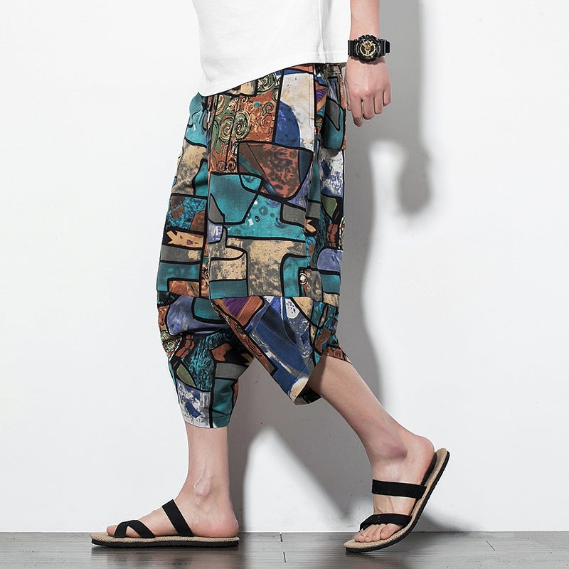 1 x 5 pcs Chinese Style Mens Summer New Loose Fit Casual Bloomers Trendy Printed Harem Bell Bottoms Beach Apparel Lotus  - Image 5