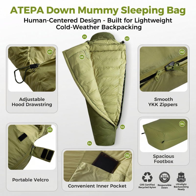 ATEPA Down Mummy Sleeping Bag for Adults, 0 Degree 700FP Backpacking Ultralight Cold Weather Sleeping Bag with RDS Down & Recycled 15D Nylon Shell for Camping Hiking, ISO Limit 35Â°F, Green - Image 5