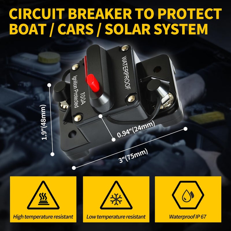 Bolipoeq 100Amp قاطع الدائرة DC 12V-48V للقوارب البحرية محرك التصيد السيارات RV مقطورة السيارة الشمسية فصل البطارية مع مفتاح إعادة الضبط اليدوي IP67 مقاوم للماء (حزمة من 2) - Image 2