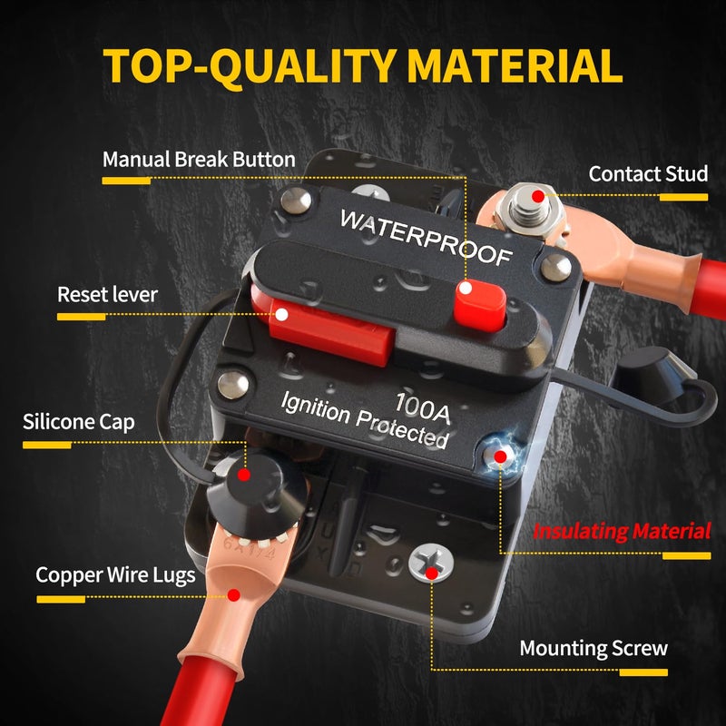 Bolipoeq 100Amp قاطع الدائرة DC 12V-48V للقوارب البحرية محرك التصيد السيارات RV مقطورة السيارة الشمسية فصل البطارية مع مفتاح إعادة الضبط اليدوي IP67 مقاوم للماء (حزمة من 2) - Image 3