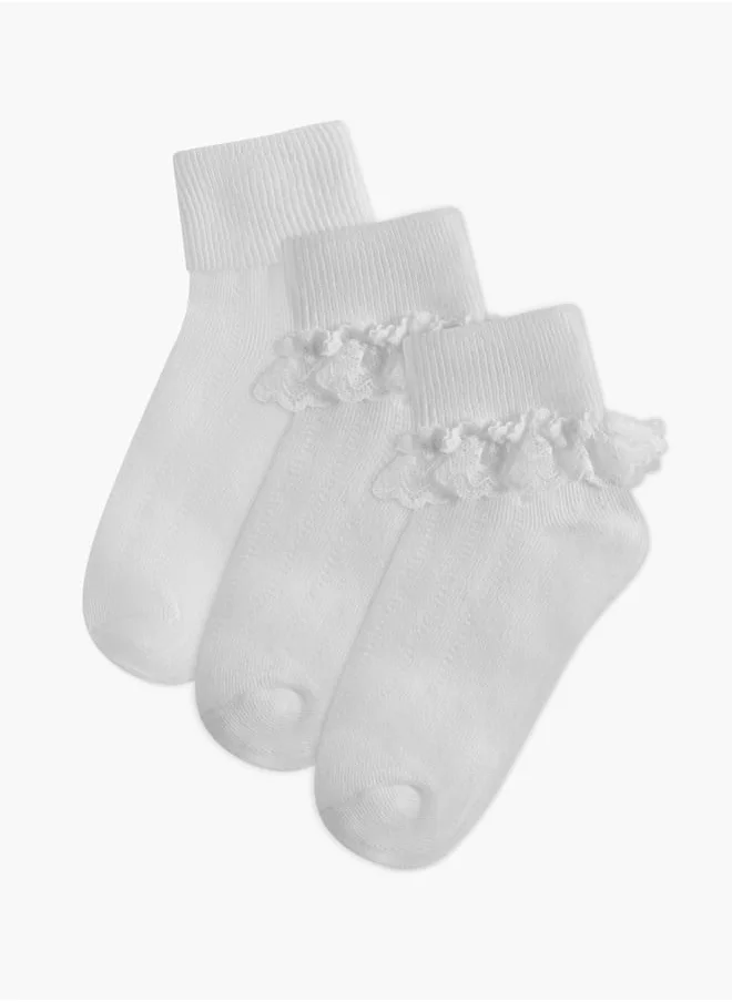 Little Missy Girls Ribbed Non-Terry Ankle Length Socks with Frill Detail - Set of 3