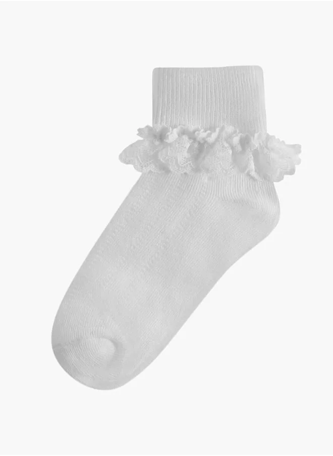 Little Missy Girls Ribbed Non-Terry Ankle Length Socks with Frill Detail - Set of 3