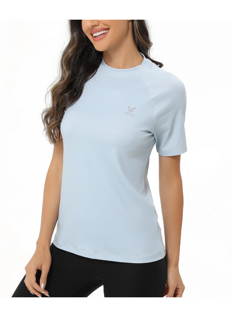 HUGE SPORTS Women's UPF 50+ Short Sleeved Active Swim Shirt Rashguard & Workout Top Light Blue XL  - Image 2