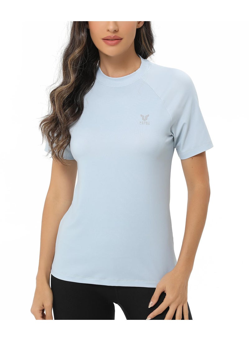 HUGE SPORTS Women's UPF 50+ Short Sleeved Active Swim Shirt Rashguard & Workout Top Light Blue XL  - Image 1