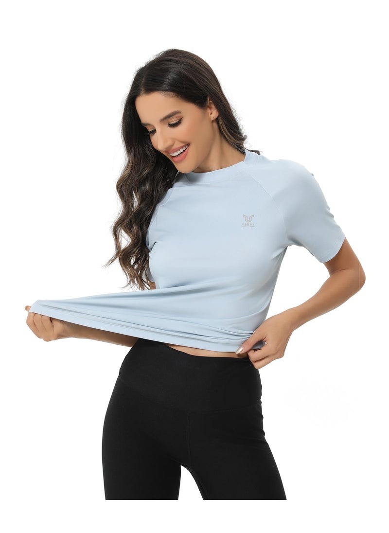 HUGE SPORTS Women's UPF 50+ Short Sleeved Active Swim Shirt Rashguard & Workout Top Light Blue XL  - Image 5
