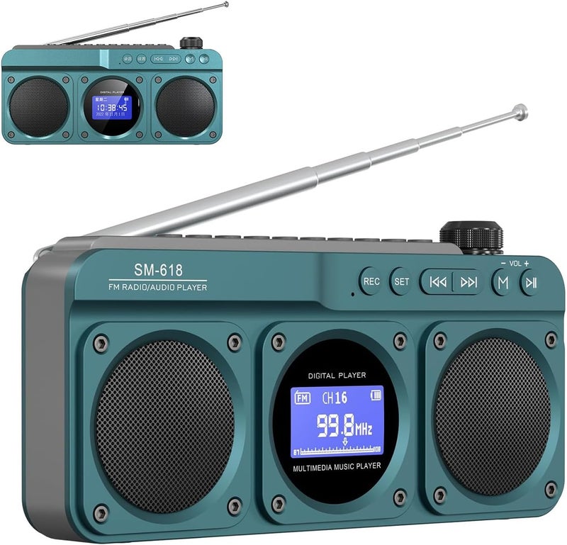 Exrp مكبر صوت رقمي صغير FM راديو بلوتوث، مكبر صوت لاسلكي محمول قابل لإعادة الشحن، شاشة LCD، مكبرات صوت مزدوجة، مقبس سماعة رأس، يدعم تشغيل MP3 عبر USB/بطاقة Micro SD للاستخدام المنزلي والخارجي - Image 1