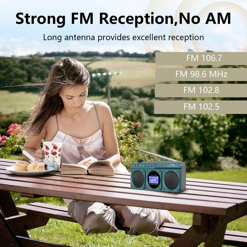 Exrp مكبر صوت رقمي صغير FM راديو بلوتوث، مكبر صوت لاسلكي محمول قابل لإعادة الشحن، شاشة LCD، مكبرات صوت مزدوجة، مقبس سماعة رأس، يدعم تشغيل MP3 عبر USB/بطاقة Micro SD للاستخدام المنزلي والخارجي - Image 3
