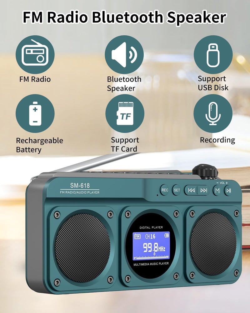 Exrp مكبر صوت رقمي صغير FM راديو بلوتوث، مكبر صوت لاسلكي محمول قابل لإعادة الشحن، شاشة LCD، مكبرات صوت مزدوجة، مقبس سماعة رأس، يدعم تشغيل MP3 عبر USB/بطاقة Micro SD للاستخدام المنزلي والخارجي - Image 2