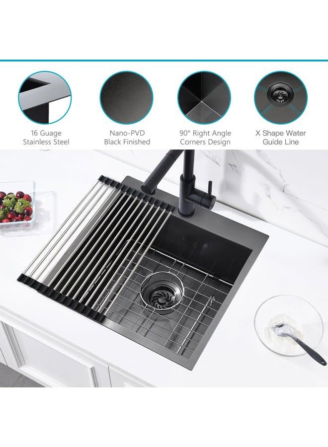 ZDHHT Matte Black Stainless Steel Drop In Single Bowl Kitchen Bar Sink, 18 Gauge 18 x 18 x 10 Inches Topmount Nano Matte Black 304 Stainless Steel Small Kitchen Sink Our Door Sink Laundry Sink - Image 4