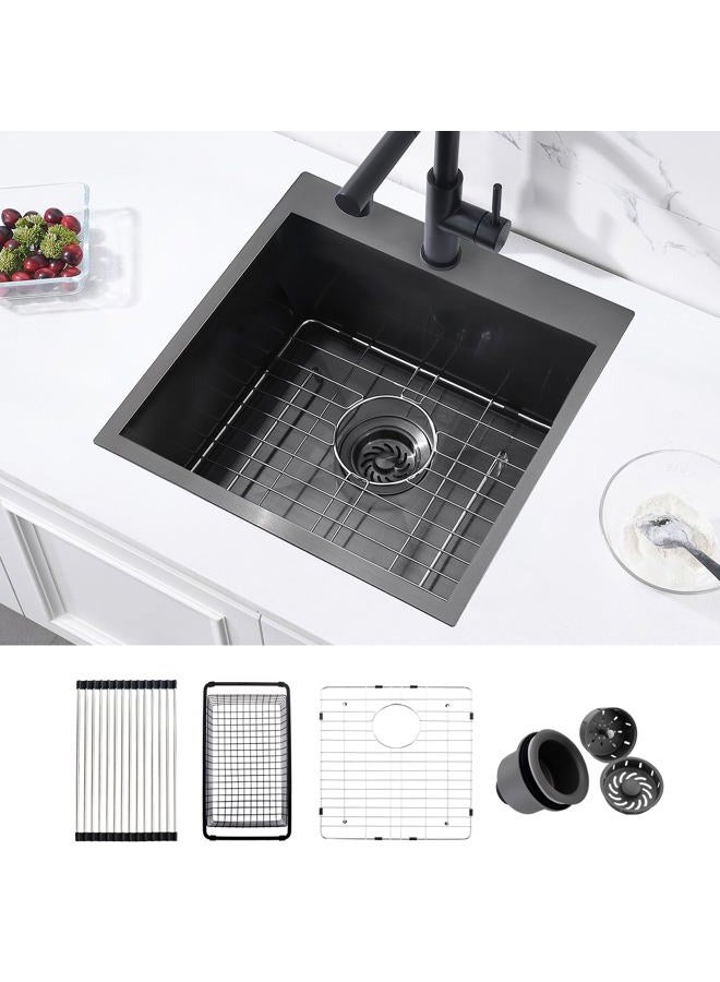 ZDHHT Matte Black Stainless Steel Drop In Single Bowl Kitchen Bar Sink, 18 Gauge 18 x 18 x 10 Inches Topmount Nano Matte Black 304 Stainless Steel Small Kitchen Sink Our Door Sink Laundry Sink - Image 1