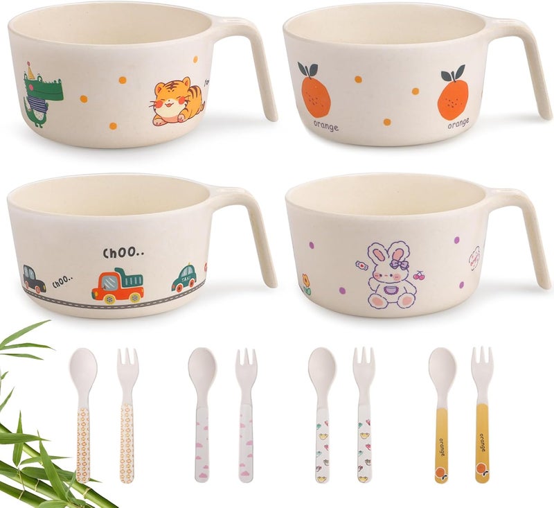 shopwithgreen مجموعة أطباق الأطفال من شوب ويذ غرين من الخيزران 4 أطباق صغيرة قابلة لإعادة الاستخدام للأطفال الرضع والأطفال الصغار أدوات المائدة الحبوب الوجبات الخفيفة الحساء الأرز مع 4 ملاعق وشوك آمنة في غسالة الصحون أطباق طعام الأطفال من الخيزران خالية من BPA 145 أونصة - Image 1