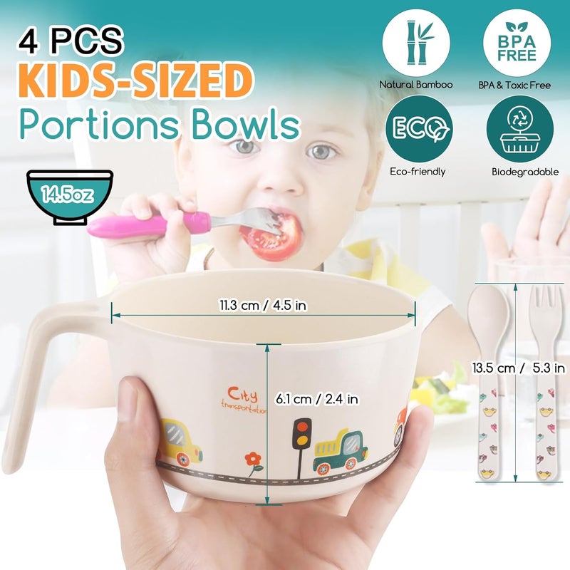 shopwithgreen مجموعة أطباق الأطفال من شوب ويذ غرين من الخيزران 4 أطباق صغيرة قابلة لإعادة الاستخدام للأطفال الرضع والأطفال الصغار أدوات المائدة الحبوب الوجبات الخفيفة الحساء الأرز مع 4 ملاعق وشوك آمنة في غسالة الصحون أطباق طعام الأطفال من الخيزران خالية من BPA 145 أونصة - Image 4