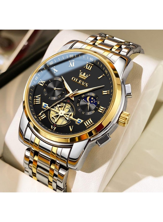 أوليفز ساعات OLEVS للرجال كرونوغراف ساعات يد سوداء للأعمال كوارتز تناظرية بمرحلة القمر من الفولاذ المقاوم للصدأ ساعات رسمية مضيئة مقاومة للماء - Image 3